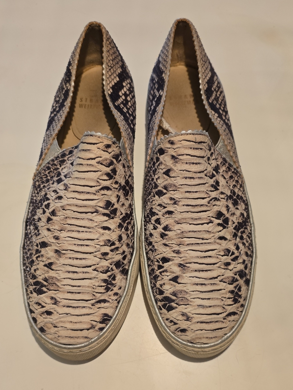 Stuart Weitzman Beige and Navy Snake-Print Slip-On Sneakers